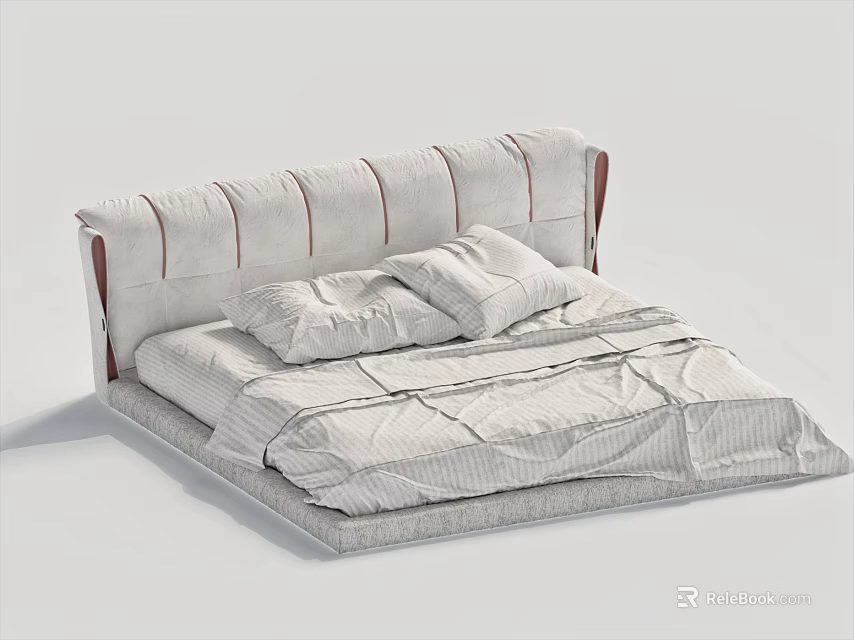 Modern Double Bed With Striped Headboard Light Gray Bedding And Pillows 3d model 