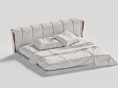 Modern Double Bed With Striped Headboard Light Gray Bedding And Pillows 3d model