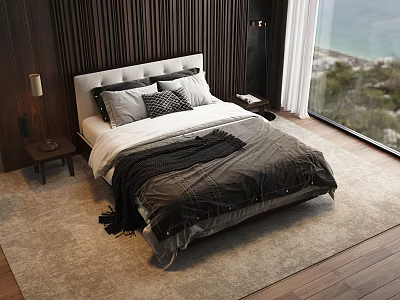 Modern Double Bed With Upholstered Headboard Plush Pillows And Scenic Window View 3d model