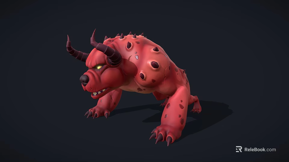 Red Mythical Monster 3D Model With Horns Sharp Teeth And Spotted Skin 3d model