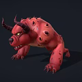 Red Mythical Monster 3D Model With Horns Sharp Teeth And Spotted Skin 3d model
