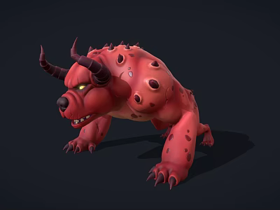 Red Mythical Monster 3D Model With Horns Sharp Teeth And Spotted Skin 3d model