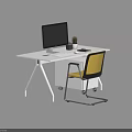 Modern White Desk Setup With Black Monitor Keyboard Mouse Small Plant And Yellow Chair