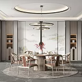 Elegant Modern Restaurant Interior With Round Dining Table Flower Vase Chandelier And Wall Decor