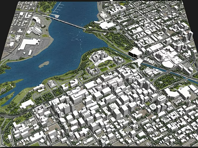 Aerial View Urban Planning with City River Bridge Buildings and Green Spaces 3d model