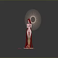 Red Haired Character In Red Robe With Circular Red Patterns And Sun Background Art Design