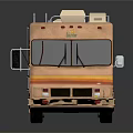 Vintage Orange Brown RV Exterior With Yellow Stripes Roof Storage Units And Windows