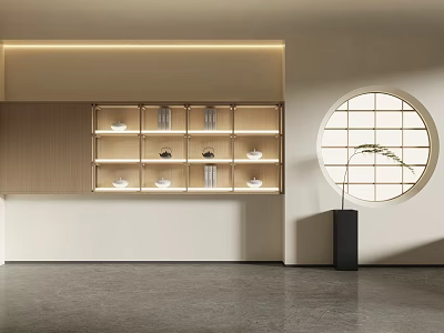 Modern Wooden Storage Cabinet Shelf With Multiple Shelves White Dishes And Round Window Grid Design 3d model