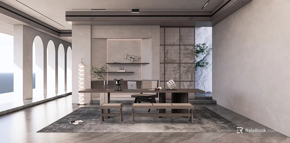 Modern Minimalist Study Room Interior With Long Wooden Desk Shelves Green Plants And Benches 3d model 