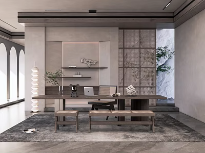 Modern Minimalist Study Room Interior With Long Wooden Desk Shelves Green Plants And Benches 3d model
