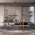 Modern Minimalist Study Room Interior With Long Wooden Desk Shelves Green Plants And Benches