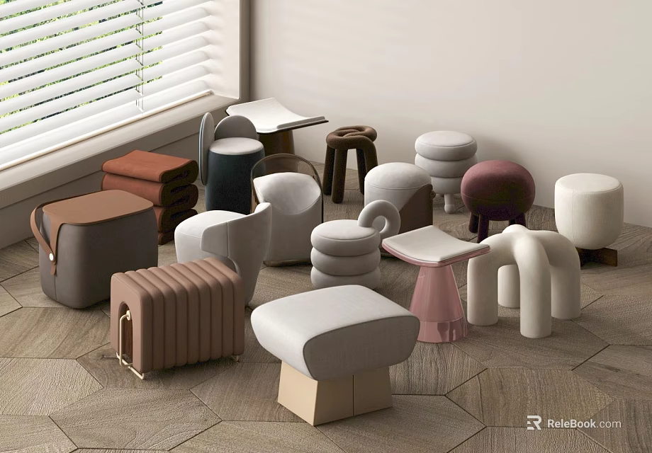 Upholstered Sofa Stools in Various Colors and Designs for Indoor 3d model