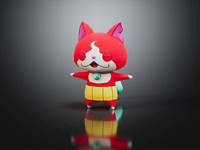 Red And White Cartoon Cat Character With Pink Ears Arms Outstretched Yellow Shorts And Reflection 3d model