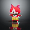 Red And White Cartoon Cat Character With Pink Ears Arms Outstretched Yellow Shorts And Reflection