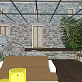 Traditional Stone Homestay Building With Glass Doors Green Plants And Courtyard