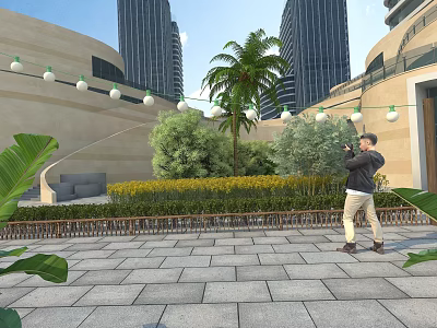 Modern Garden Landscape Design With Palm Trees Stone Pavement And String Lights 3d model