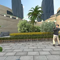 Modern Garden Landscape Design With Palm Trees Stone Pavement And String Lights