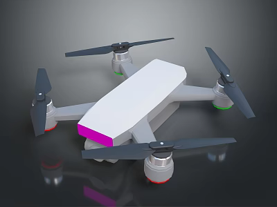 Modern Drone With White Body Purple Front Four Propellers Gray Arms And Green Indicators 3d model