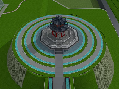 Traditional Landscape Pavilion Featuring Multi Tiered Roof Circular Pathway And Green Lawn Surroundings 3d model