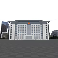 Modern Symmetrical Office Building With Glass Curtain Walls White Facade And Red Emblem