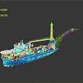 Blue Crane Ship Model With Large Yellow Crane Long Arm And Blue Hull Design