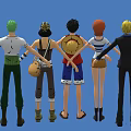 Five Anime Characters Standing Together With Different Outfits And Hairstyles