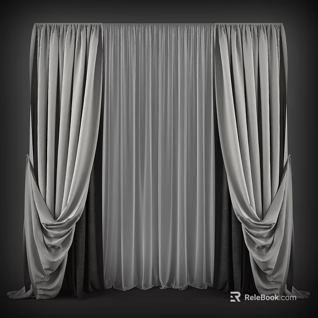 Elegant Gray Layered Curtains With Soft Sheer Panels And Dark Background 3d model