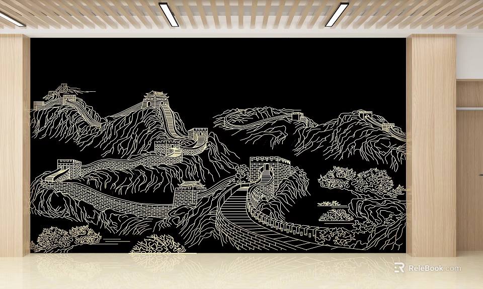 School Interior With Golden Great Wall Relief On Black Background Light Floor And Wooden Ceiling 3d model 
