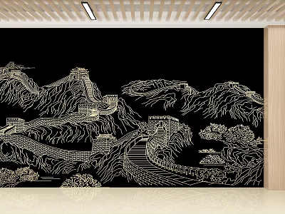 School Interior With Golden Great Wall Relief On Black Background Light Floor And Wooden Ceiling 3d model