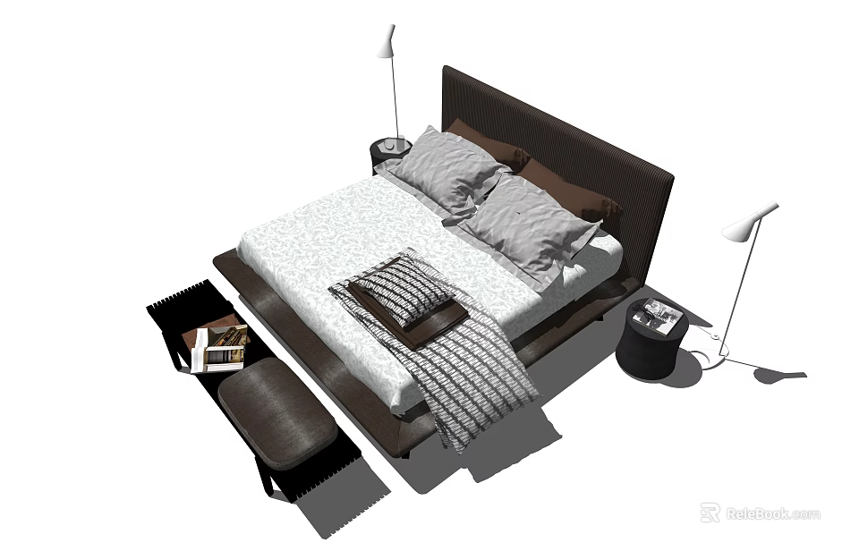 Modern Double Bed Interior With Soft Pillows Striped Blanket Nightstand And Floor Lamp 3d model 