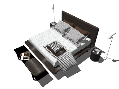 Modern Double Bed Interior With Soft Pillows Striped Blanket Nightstand And Floor Lamp 3d model