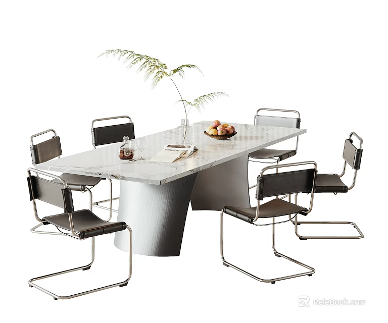 Modern Dining Set with White Marble Top Black Metal Chairs Green Plant and Fruit Bowl 3d model 