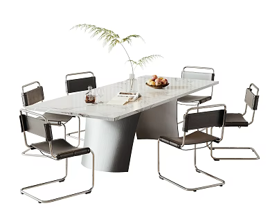 Modern Dining Set with White Marble Top Black Metal Chairs Green Plant and Fruit Bowl 3d model