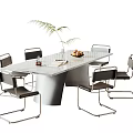 Modern Dining Set with White Marble Top Black Metal Chairs Green Plant and Fruit Bowl