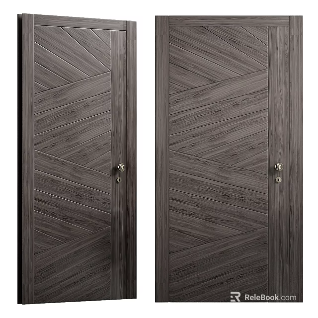 Double Dark Wooden Hinged Doors With Diagonal Wood Grain And Metal Handles 3d model 