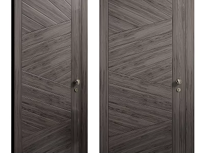 Double Dark Wooden Hinged Doors With Diagonal Wood Grain And Metal Handles 3d model