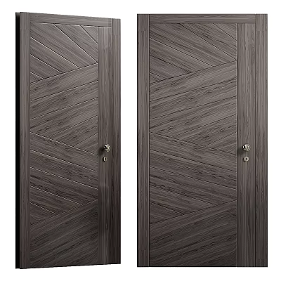 Double Dark Wooden Hinged Doors With Diagonal Wood Grain And Metal Handles 3d model