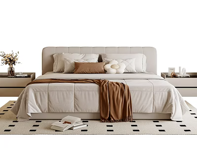 Double Bed with Upholstered Headboard White Pillows Brown Blanket Nightstands and Dotted Rug 3d model