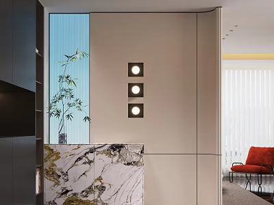 Modern Entryway Hallway Design With Marble Countertop Green Plant And Circular Lights 3d model