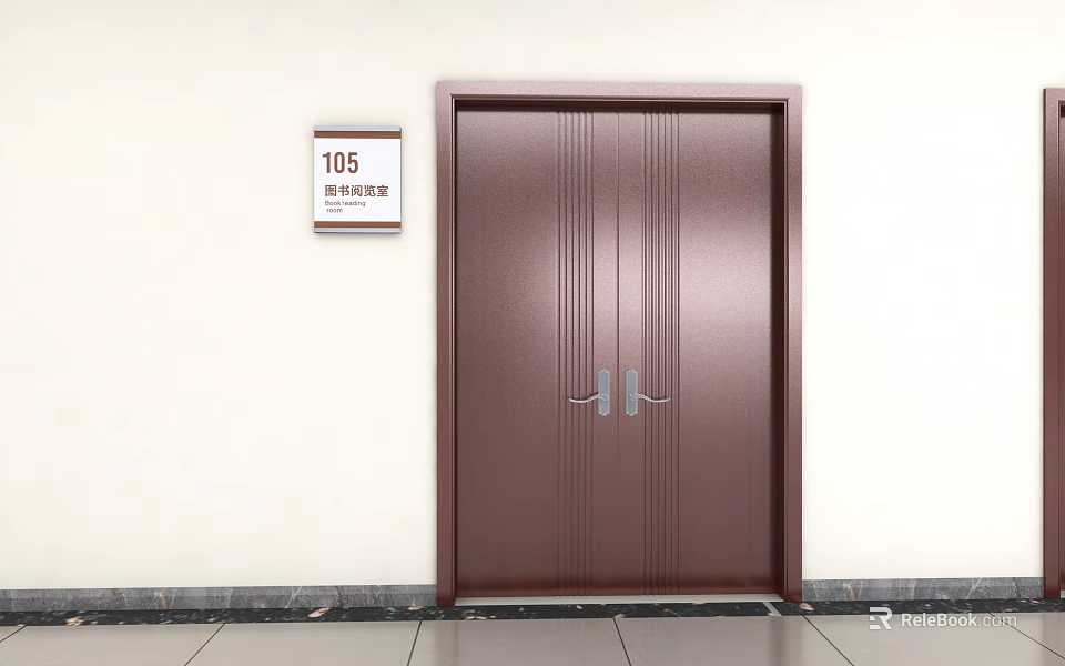 Brown Vertical Striped Double Doors For Room 105 Fire Control Room Against Light Colored Wall 3d model 