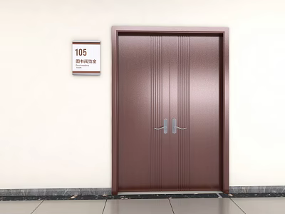 Brown Vertical Striped Double Doors For Room 105 Fire Control Room Against Light Colored Wall 3d model