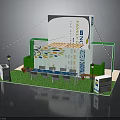 Modern Exhibition Booth Furniture With Tables Chairs Green Plants String Lights And Display Panels