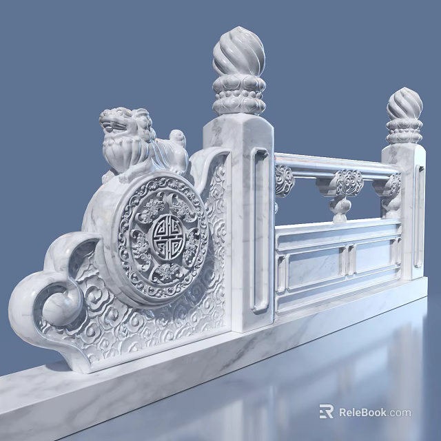 Detailed Ornate Traditional Stone Railing With Carved Lion Statue And Fortune Patterns 3d model 