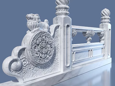 Detailed Ornate Traditional Stone Railing With Carved Lion Statue And Fortune Patterns 3d model