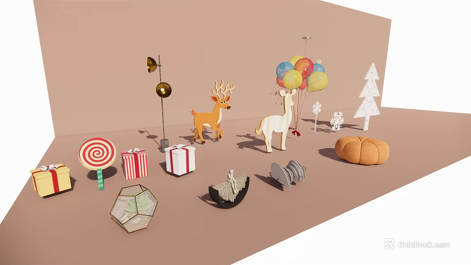 Assorted Decorative Ornaments Set With Deer Figurines Balloons Gift Boxes Lollipop And Christmas Tree Decor 3d model 