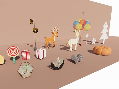 Assorted Decorative Ornaments Set With Deer Figurines Balloons Gift Boxes Lollipop And Christmas Tree Decor 3d model