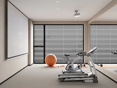 Modern Entertainment Room Interior With Projection Screen Treadmill Exercise Bike Orange Exercise Ball And Blinds 3d model