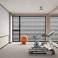 Modern Entertainment Room Interior With Projection Screen Treadmill Exercise Bike Orange Exercise Ball And Blinds