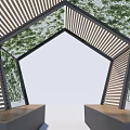 Modern Hexagonal Shade Canopy With Wooden Slatted Panels Green Vines And Bench Seats
