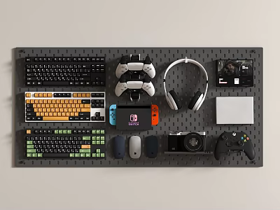 Organized Digital Accessories Pegboard With Gaming Controllers Keyboards Headphones Camera And Switch 3d model